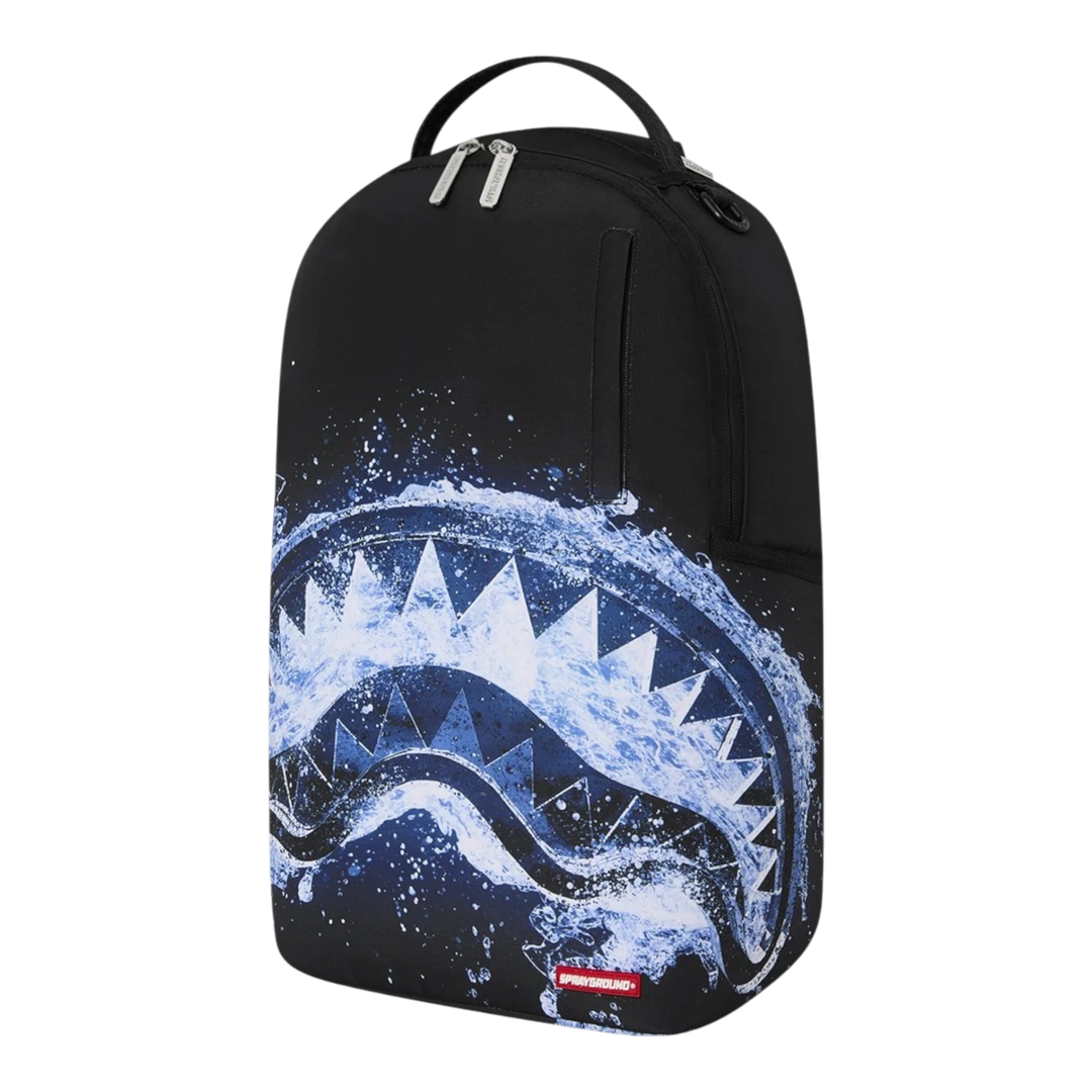 HypeSelection Sprayground Water Lips Shark DLXSR black backpack with blue water-themed graphic shark mouth design