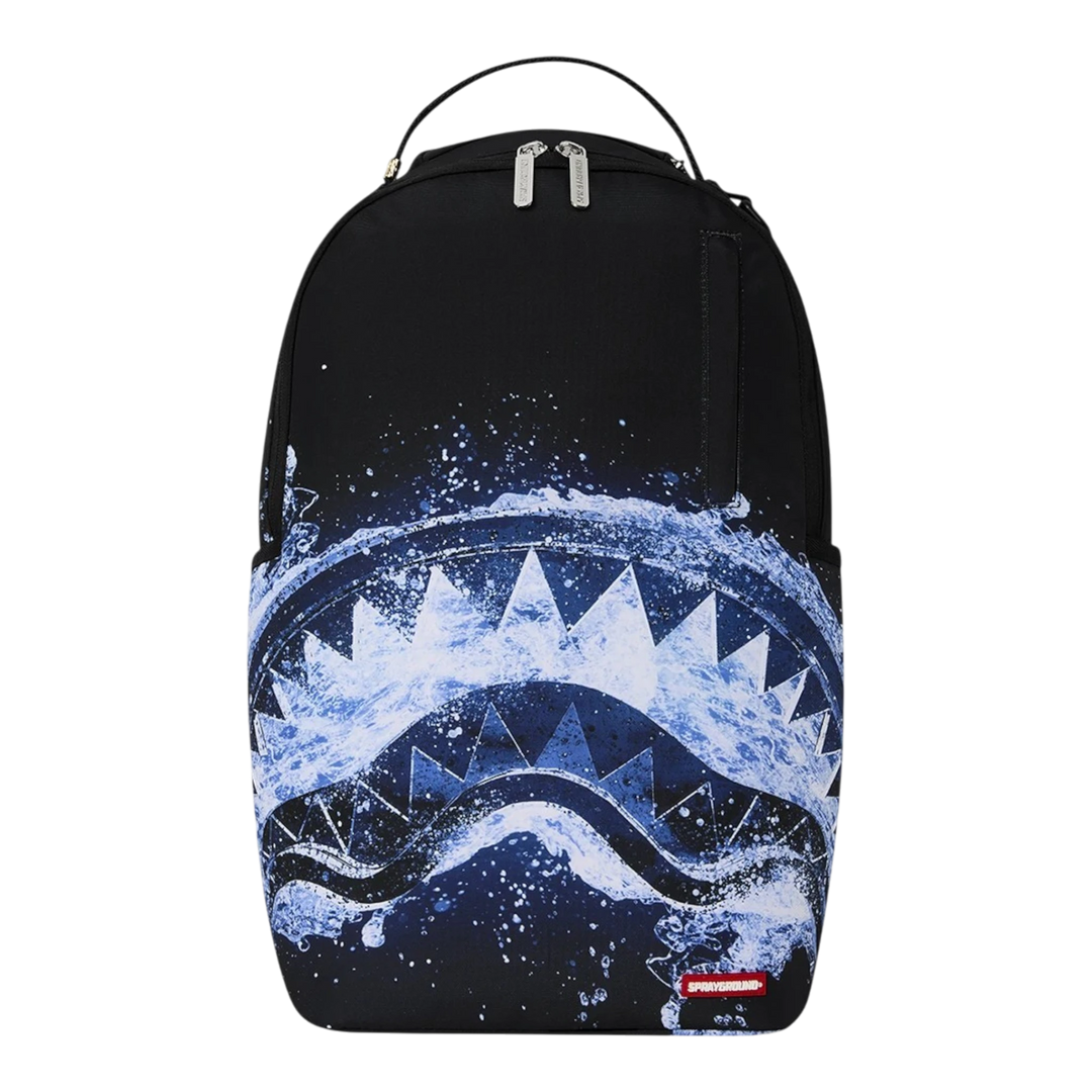 HypeSelection Sprayground Water Lips Shark DLXSR backpack in black with a blue water-splashed shark mouth graphic.