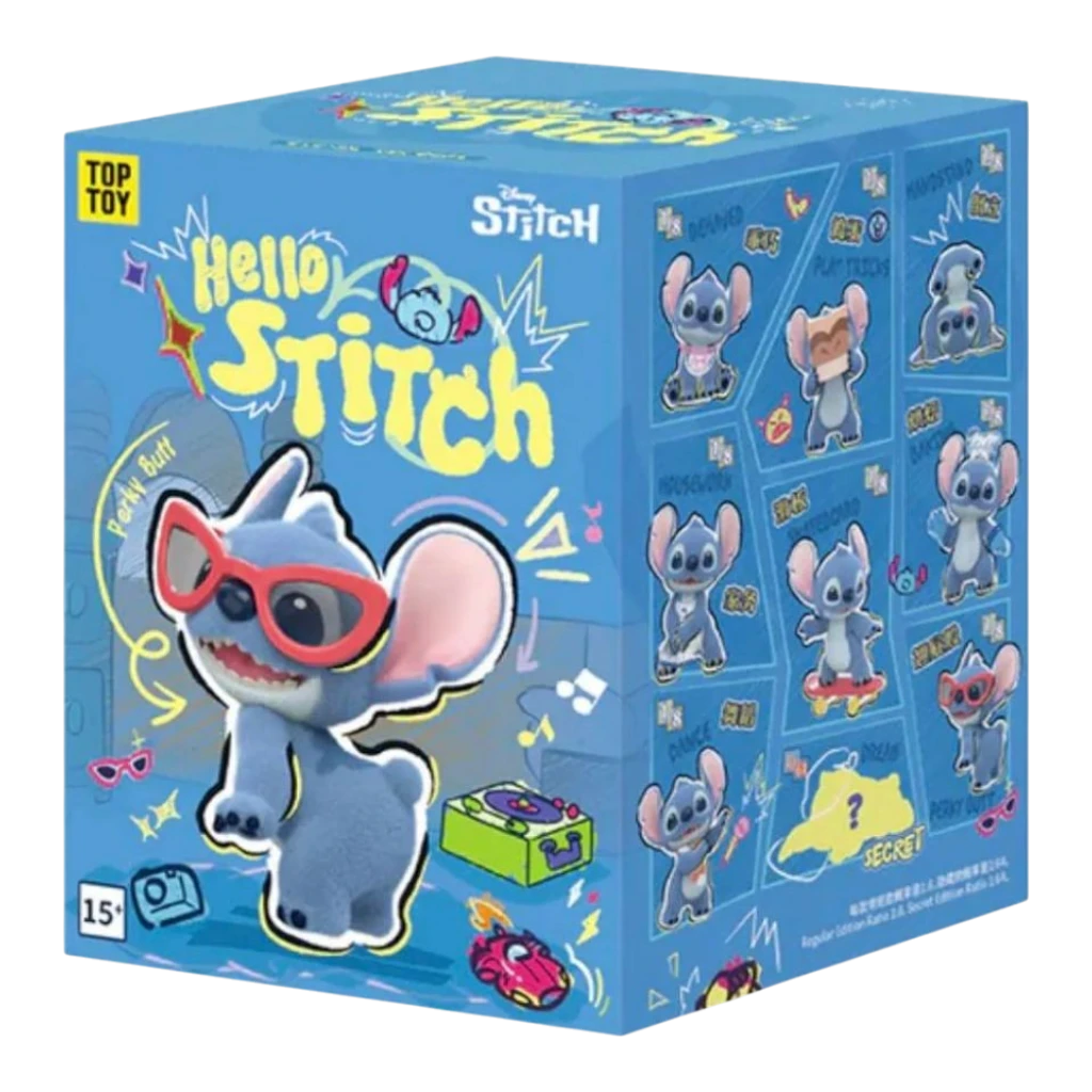 HypeSelection Disney Hello Stitch Series blind box featuring a blue Stitch figure with red sunglasses, PVC and ABS material.