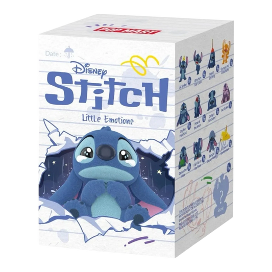 HypeSelection Disney Stitch Little Emotions Series blind box featuring a sad Stitch figure breaking through paper. Collectible vinyl figure.