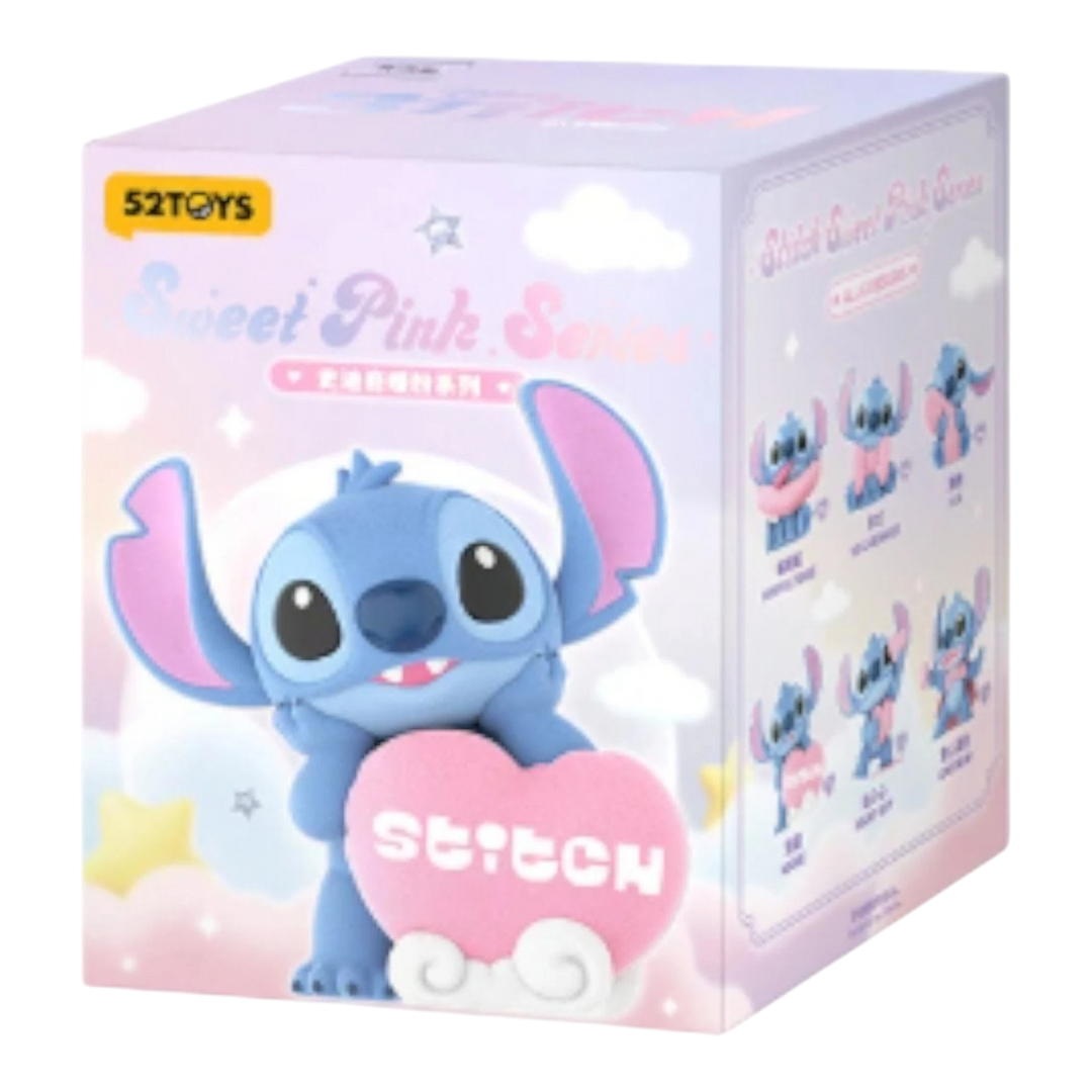 HypeSelection 52TOYS Stitch Sweet Pink Series blind box featuring a blue Stitch figure holding a pink heart.