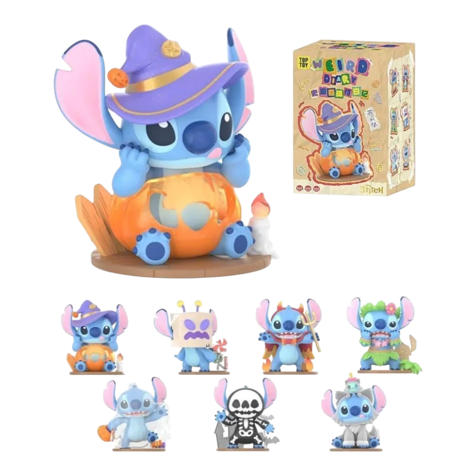 HypeSelection Disney Stitch Weird Diary Series blind box figures, featuring Stitch in various costumes like witch, werewolf, and skeleton.