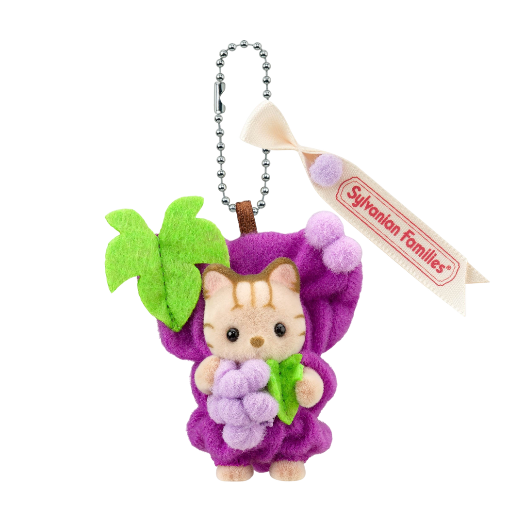 HypeSelection Sylvanian Families striped cat baby keychain wearing a purple grape costume with a branded ribbon tag