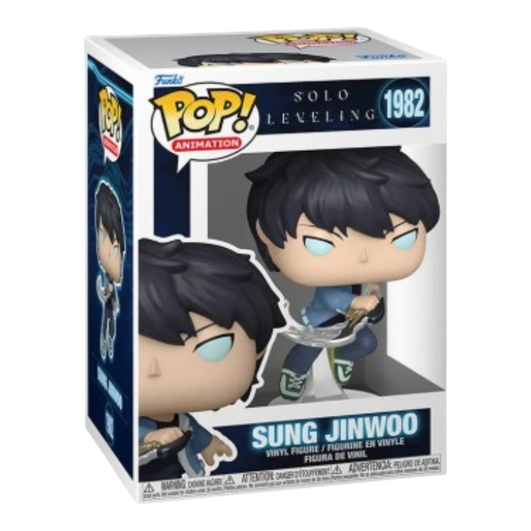 HypeSelection Funko Pop! Animation Solo Leveling Sung Jinwoo vinyl figure, number 1982, with blue jacket and sword.