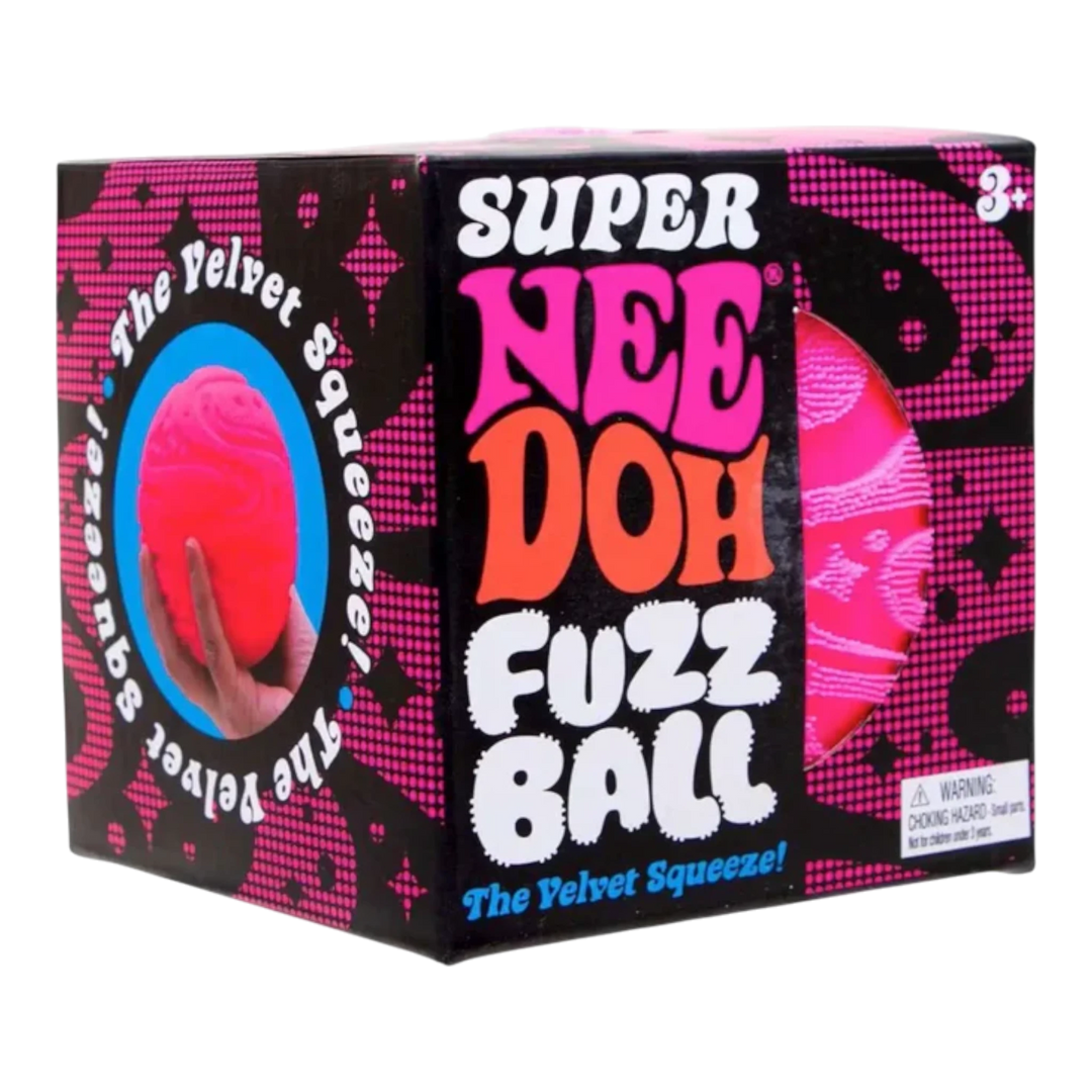 HypeSelection NeeDoh Super Fuzzball squishy fidget toy in bright pink with a fuzzy, textured exterior. For stress relief.