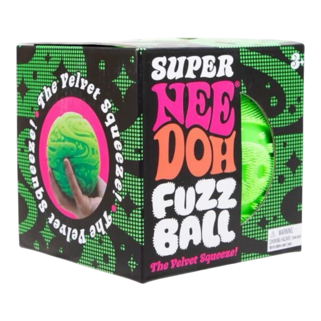 HypeSelection Super NeeDoh Fuzzball, a large green squishy fidget toy with a fuzzy velvet texture, perfect for stress relief.