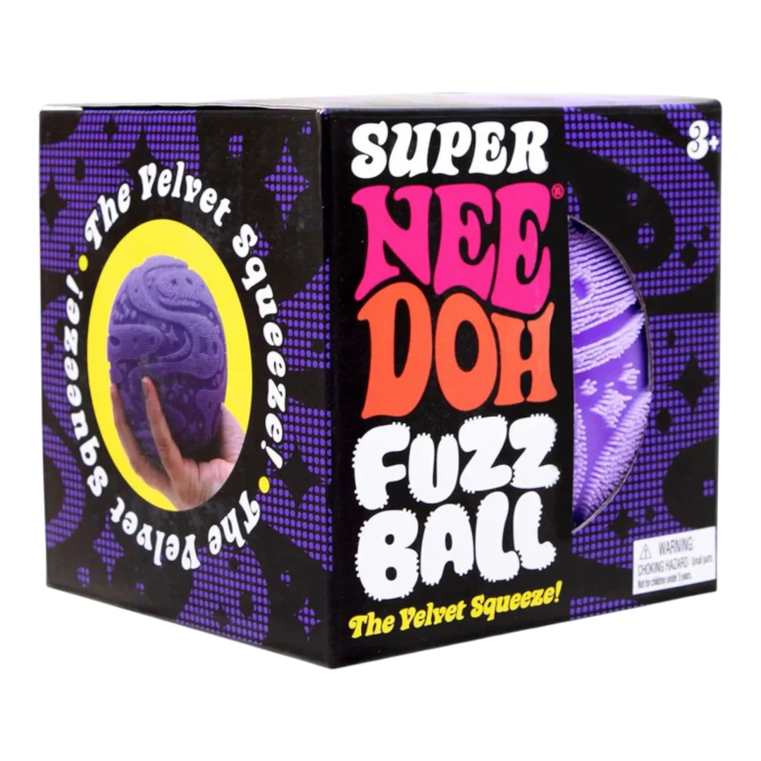 HypeSelection Super NeeDoh Fuzzball, an oversized purple squishy toy with a fuzzy velvet exterior and soft doh center.