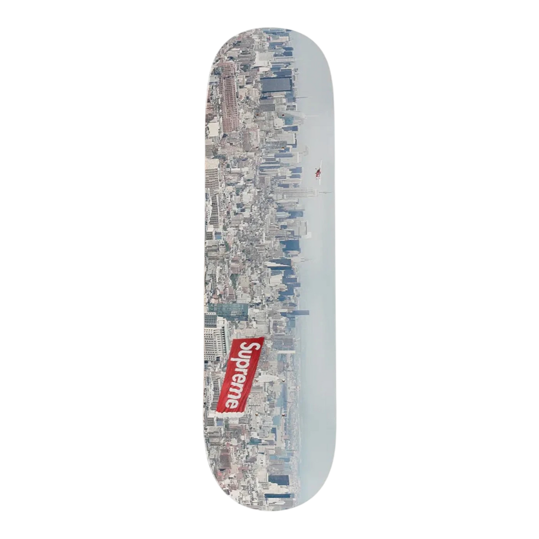 HypeSelection Supreme Aerial skateboard deck with NYC skyline graphic and red banner, multi-ply wood construction.