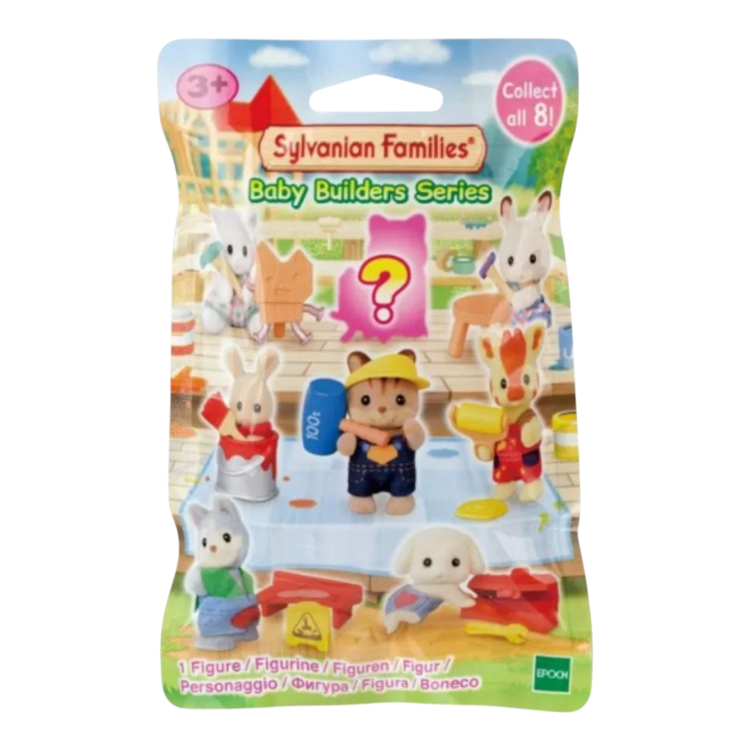 HypeSelection Sylvanian Families Baby Builders Series blind box featuring cute animal figures with construction tools and accessories. Collect all 8!