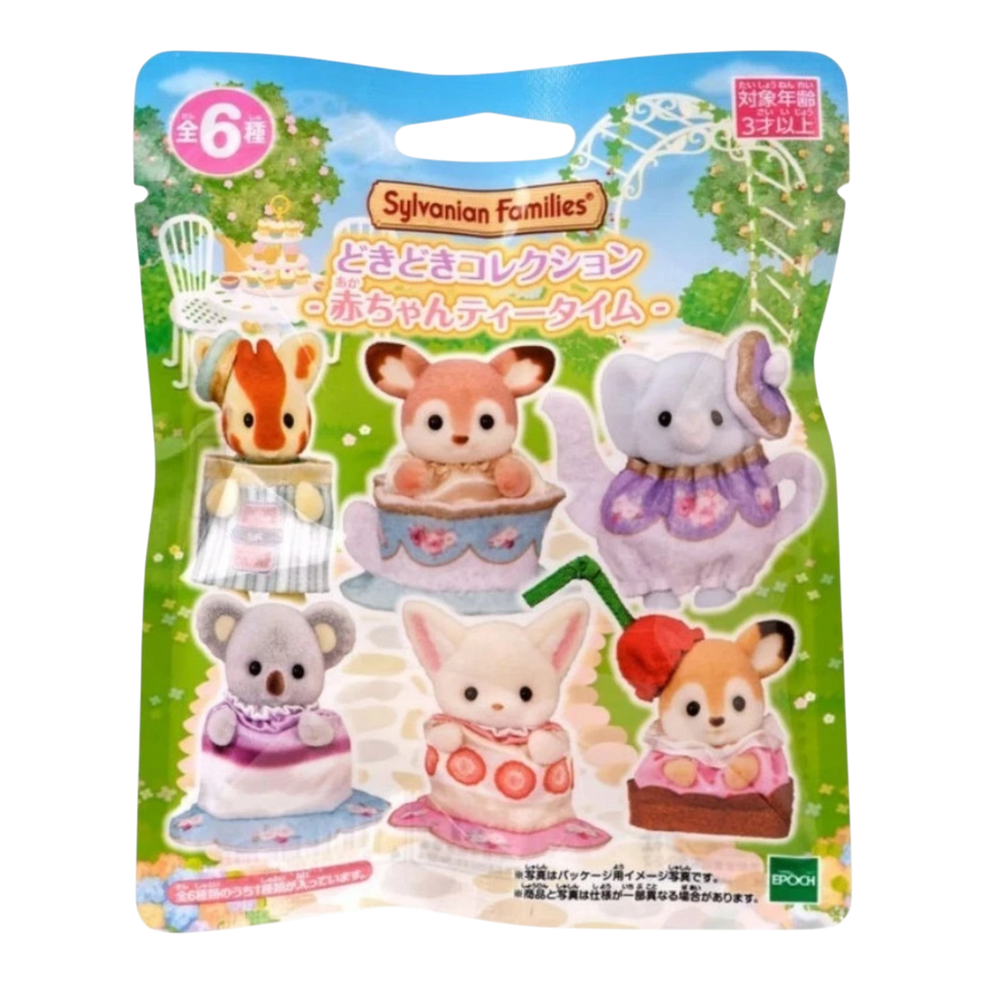 HypeSelection Sylvanian Families Baby Tea Time blind bag collection featuring 6 baby animal figures in tea party costumes.