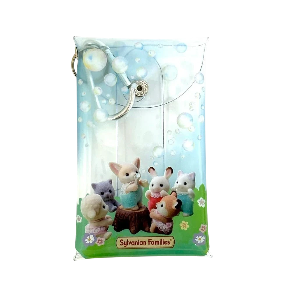 HypeSelection Sylvanian Families clear pouch with a soap bubble design, featuring miniature animal figures.
