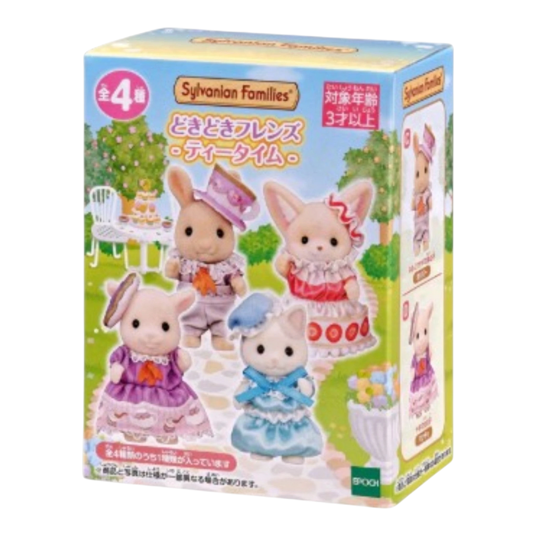 HypeSelection Sylvanian Families Dokidoki Friends blind box featuring four child figures in tea party costumes. Figures include rabbits and pigs in dresses and suits.