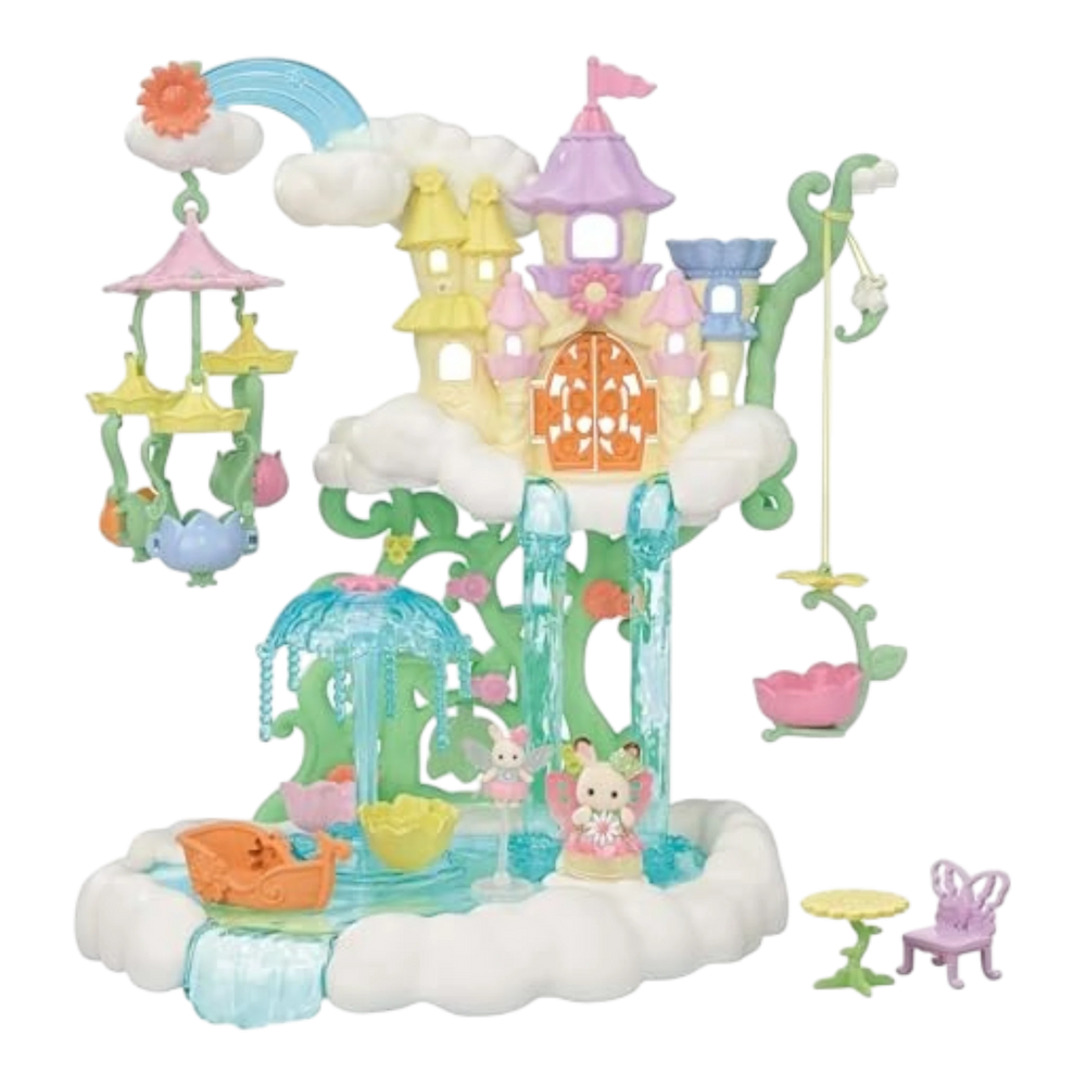 HypeSelection Sylvanian Families Sky's Dreamy Fairy Castle playset with pastel towers, rainbow, waterfall, and fairy figures.