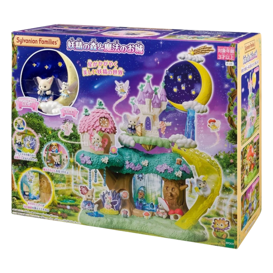 HypeSelection Sylvanian Families Fairy Forest and Magic Castle playset with fairy figures, castle, moon, and slide.