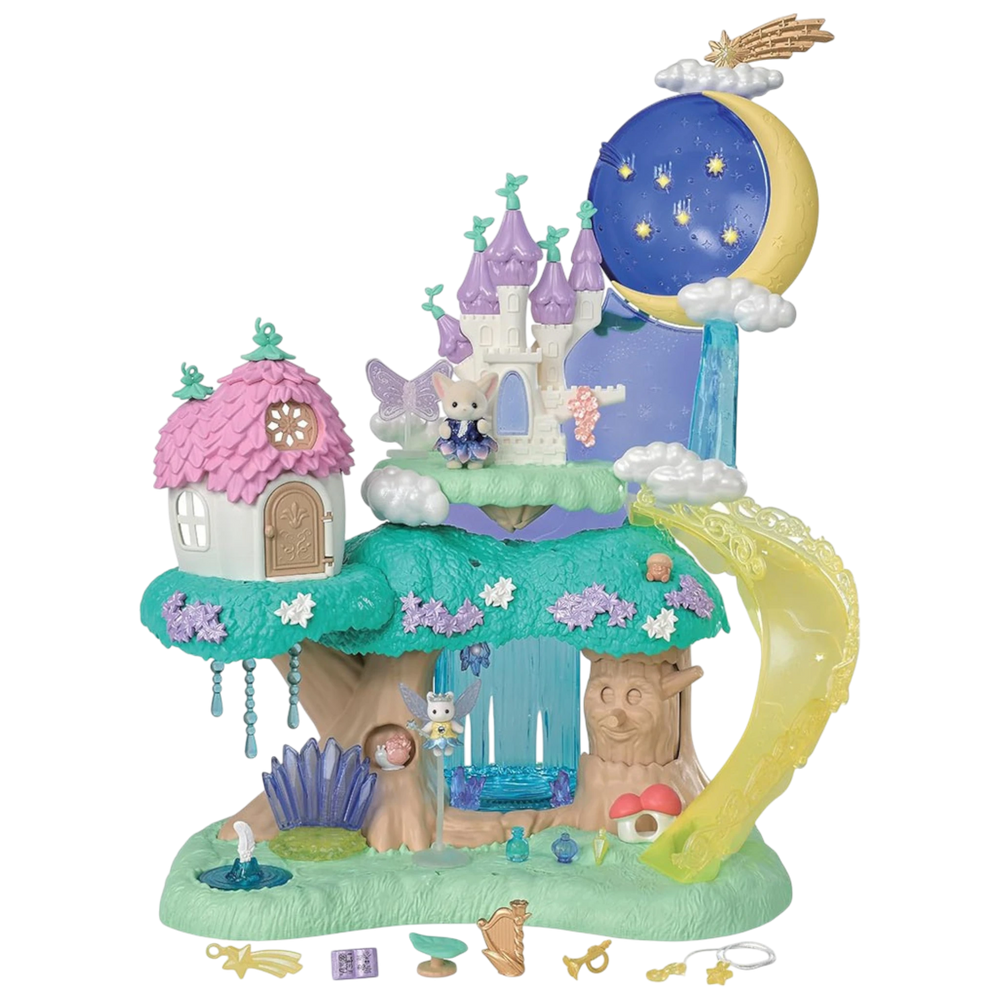HypeSelection Sylvanian Families Fairy Forest and Magic Castle playset with two fairy mice, a castle, a mushroom house, and a moon.