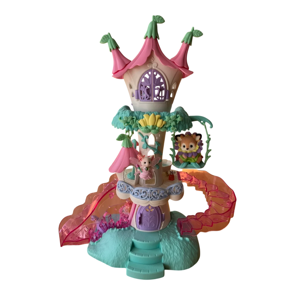 HypeSelection Sylvanian Families Fairy's Tower playset with fairy and animal figures, pink and purple castle with slide.