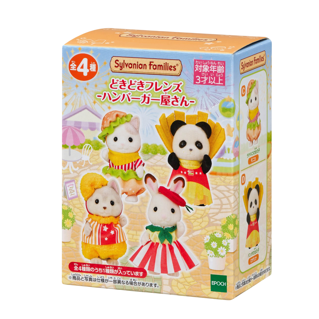 HypeSelection Sylvanian Families Doki Doki Friends Hamburger Shop blind pack featuring four collectible animal figures