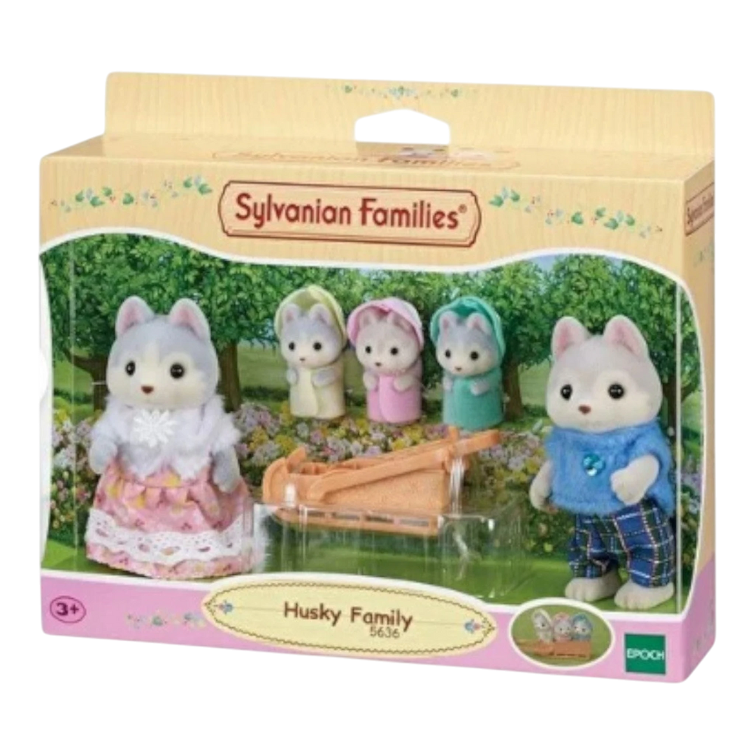 HypeSelection Sylvanian Families Husky Family set with 5 flocked figures, including parents and triplets with a sleigh accessory.
