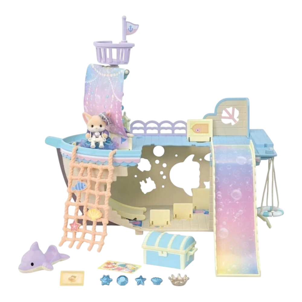 HypeSelection Sylvanian Families Yumeiro Mermaidship playset with a chihuahua figure, slide, net, and accessories.