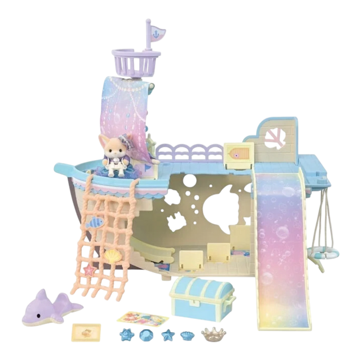 HypeSelection Sylvanian Families Yumeiro Mermaidship playset with a chihuahua figure, slide, net, and accessories.