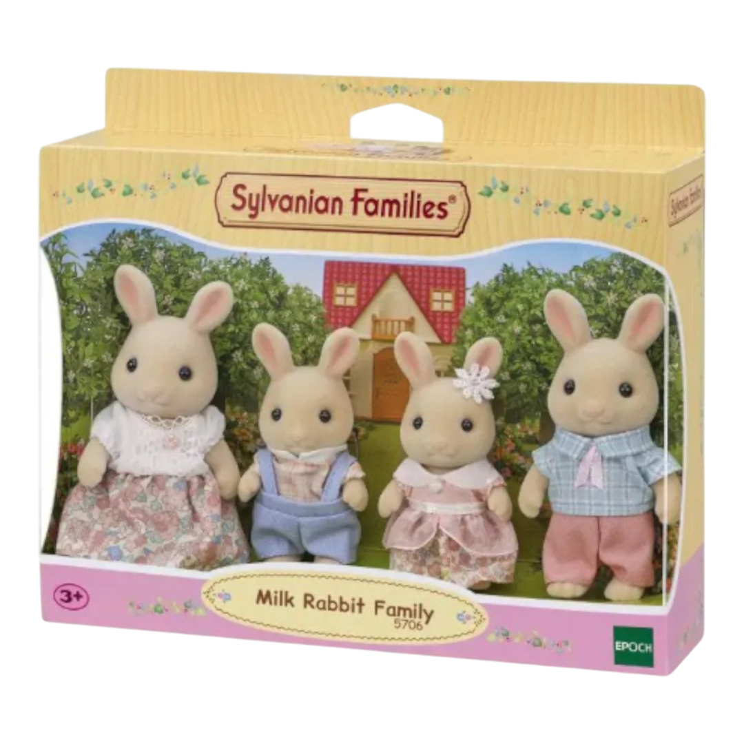 HypeSelection Sylvanian Families Milk Rabbit Family set with four flocked rabbits in fabric outfits. Includes father, mother, brother, and sister figures.