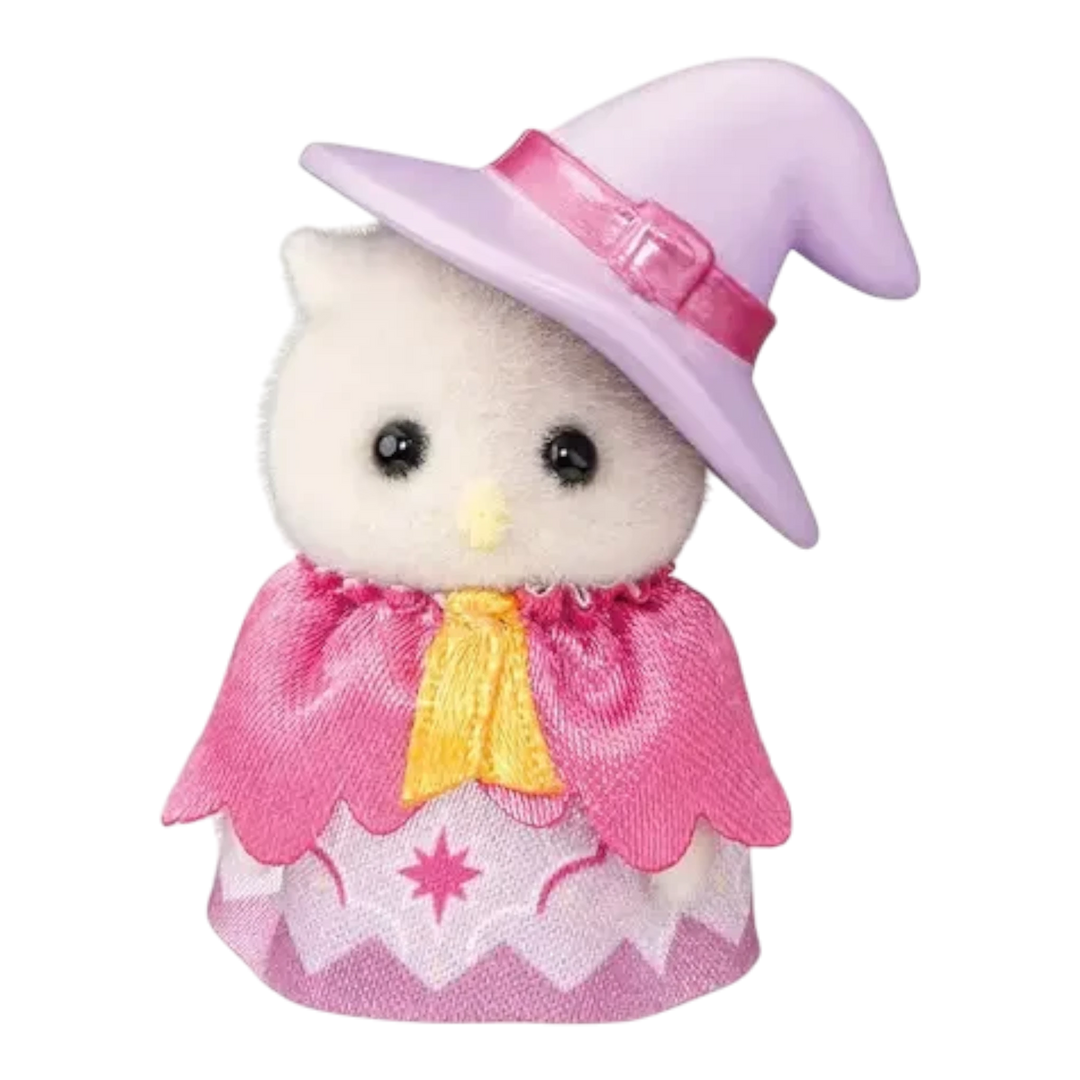 HypeSelection Sylvanian Families owl figure wearing a pink witch hat and cape, with a patterned dress.