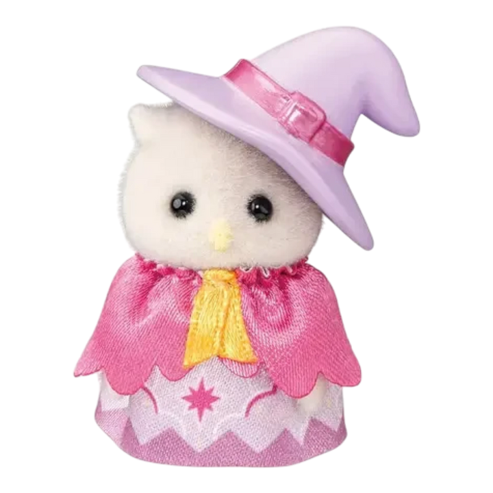 HypeSelection Sylvanian Families owl figure wearing a pink witch hat and cape, with a patterned dress.