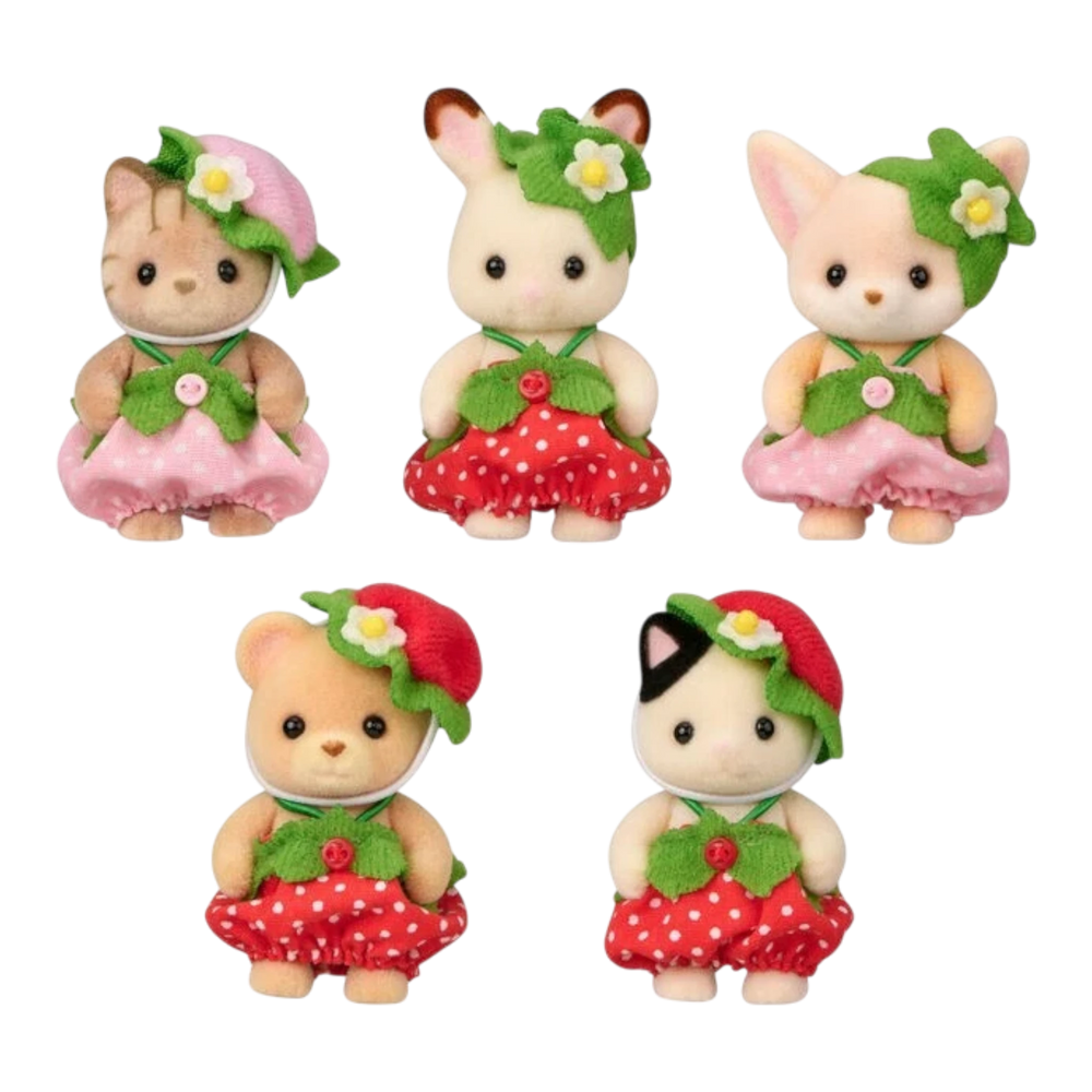 HypeSelection Sylvanian Families Strawberry Baby Collection Set featuring five flocked animal figures in strawberry-themed outfits.