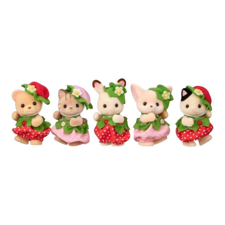HypeSelection Sylvanian Families Strawberry Baby Collection Set featuring five baby figures in strawberry costumes: bear, cat, rabbit, fox, and cat.