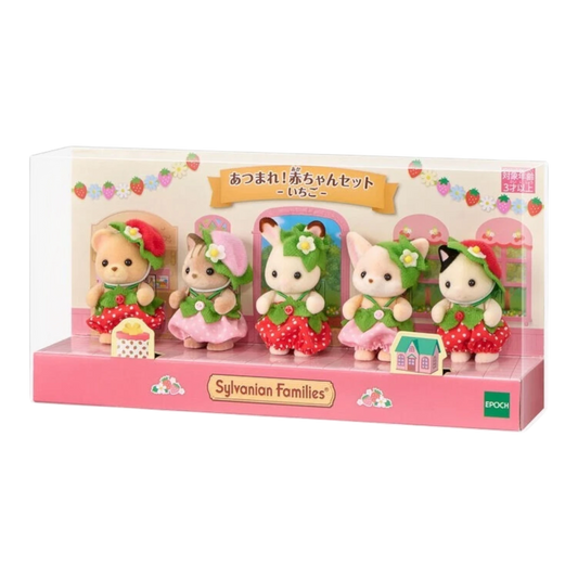 HypeSelection Sylvanian Families Strawberry Baby Collection Set with 5 figures in strawberry costumes. Includes bear, cat, rabbit, and fox babies.