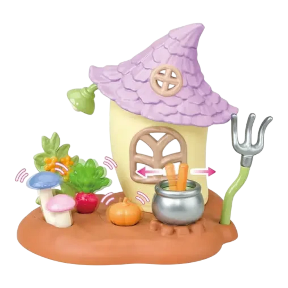 HypeSelection Sylvanian Families Little Tales Collection Owl's Mysterious Vegetable Field playset with a whimsical house, garden, and cooking pot.