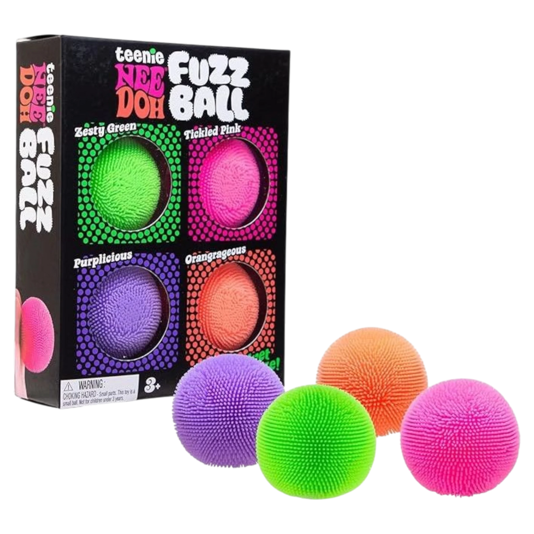 HypeSelection Teenie NeeDoh Fuzz Ball 4-pack in green, pink, purple, and orange. Soft, squishy sensory balls.