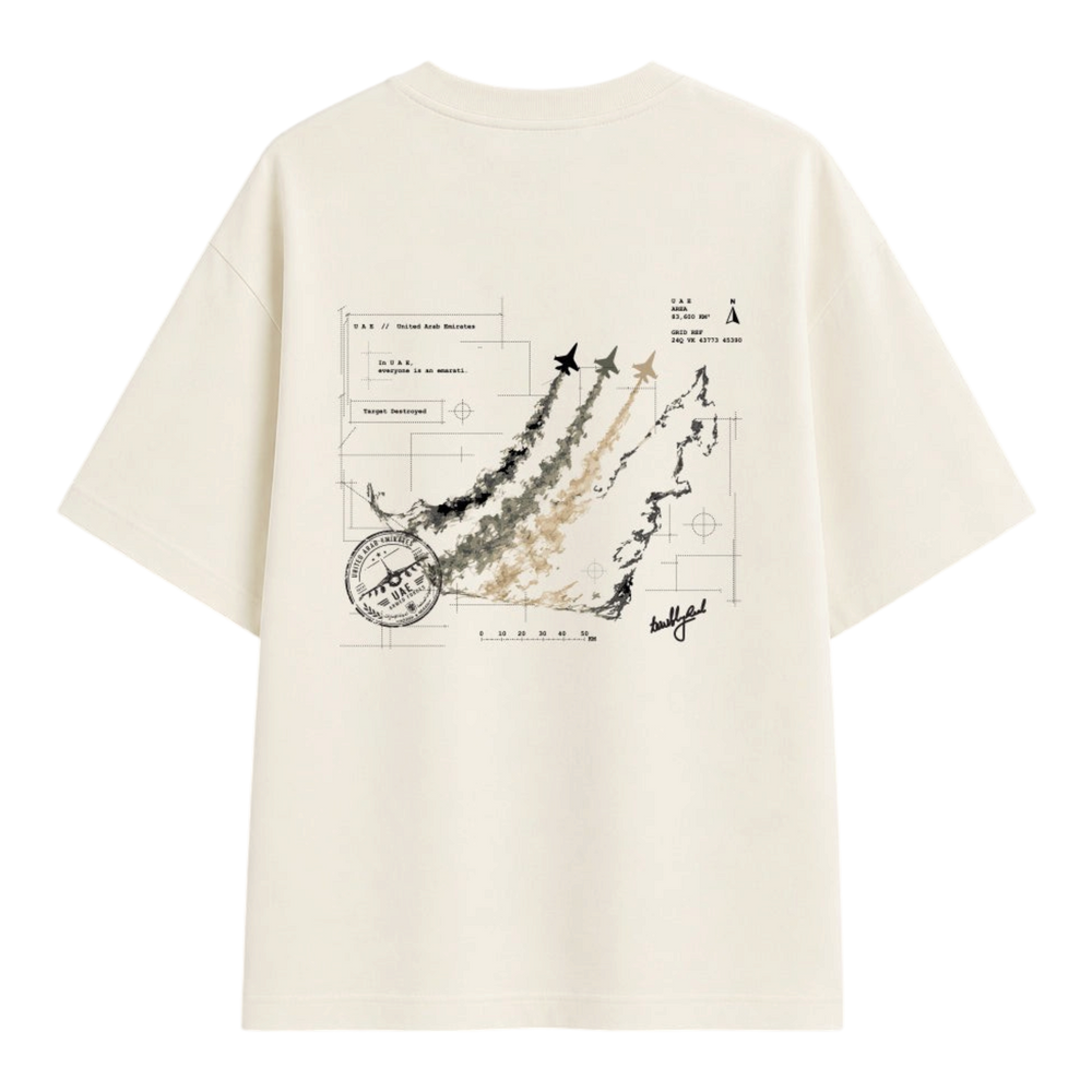 HypeSelection Terribly Real off-white t-shirt featuring UAE aviation map graphics and fighter jets on the back