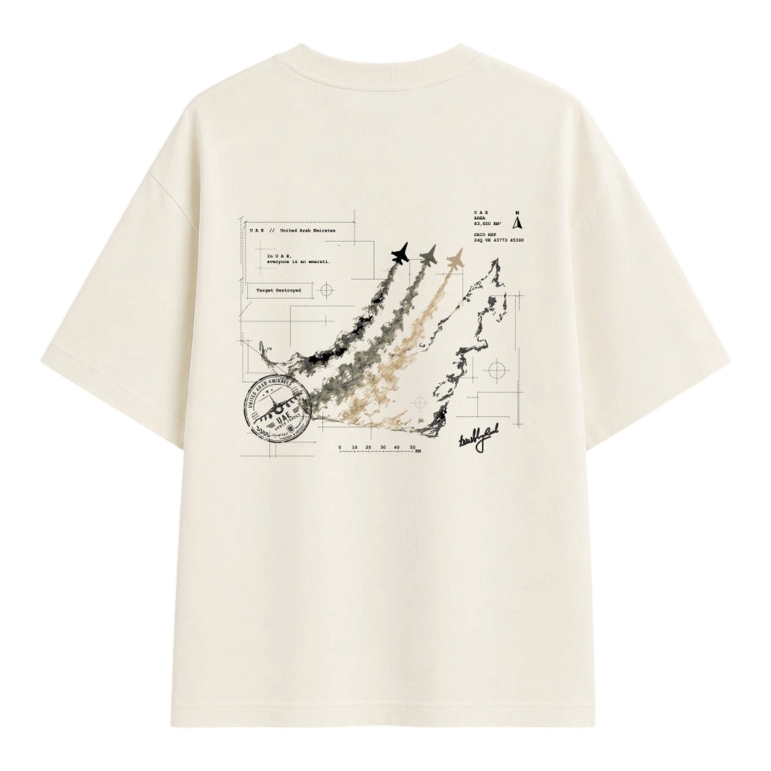 HypeSelection Terribly Real off-white t-shirt featuring UAE aviation map graphics and fighter jets on the back