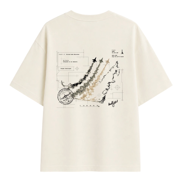HypeSelection Terribly Real off-white t-shirt featuring UAE aviation map graphics and fighter jets on the back
