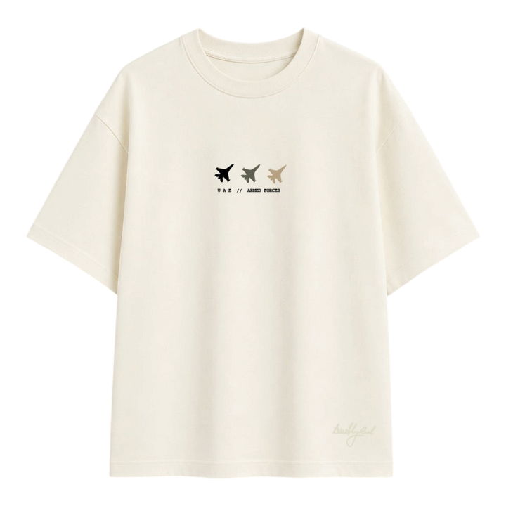 HypeSelection Terribly Real off-white t-shirt featuring UAE Armed Forces aviation graphic with three fighter jets.
