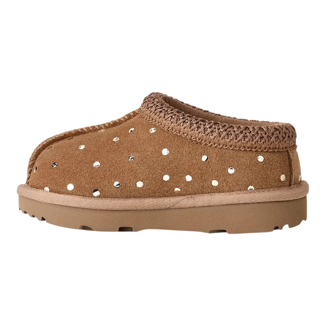 HypeSelection toddler UGG Tasman II chestnut slipper with metallic dots, sheepskin lining, and sugarcane EVA outsole.