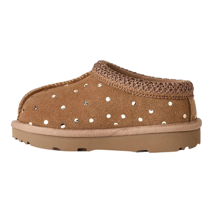 HypeSelection toddler UGG Tasman II chestnut slipper with metallic dots, sheepskin lining, and sugarcane EVA outsole.