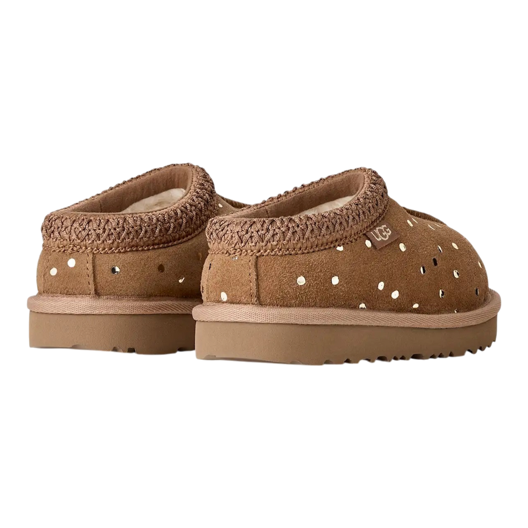 HypeSelection toddler UGG Tasman II slippers in chestnut sheepskin with metallic gold dots and braided collar detail.