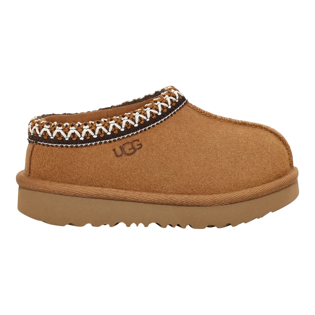 HypeSelection toddler chestnut suede UGG Tasman II slipper with Tasman braid detail and UGG logo.