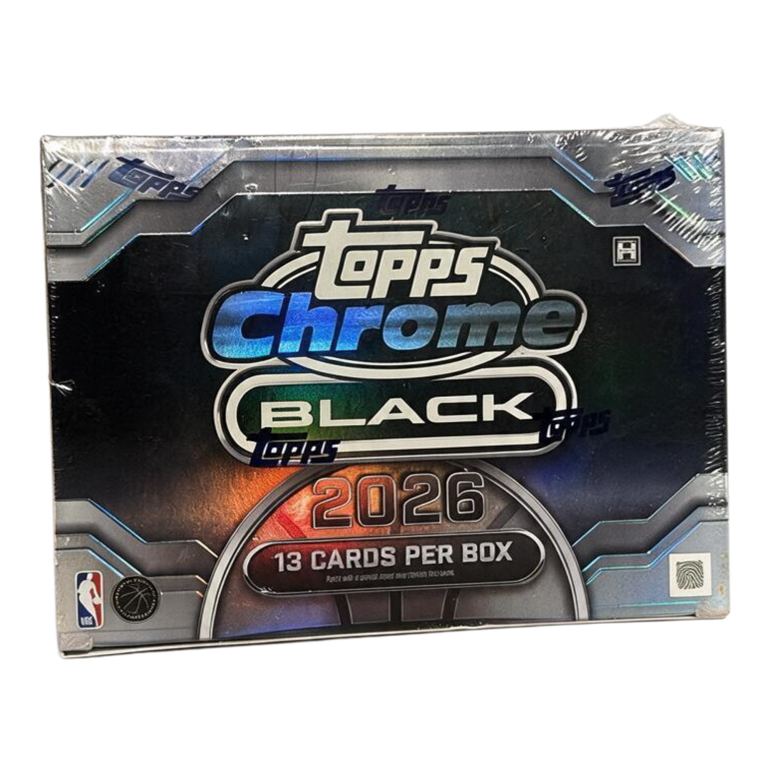 HypeSelection 2025-26 Topps Chrome Black NBA hobby box featuring metallic silver and black branding