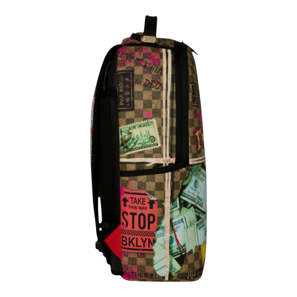 HypeSelection Torn Packaging RMX Backpack in multicolor with graphic print, faux leather, and water-resistant fabric.