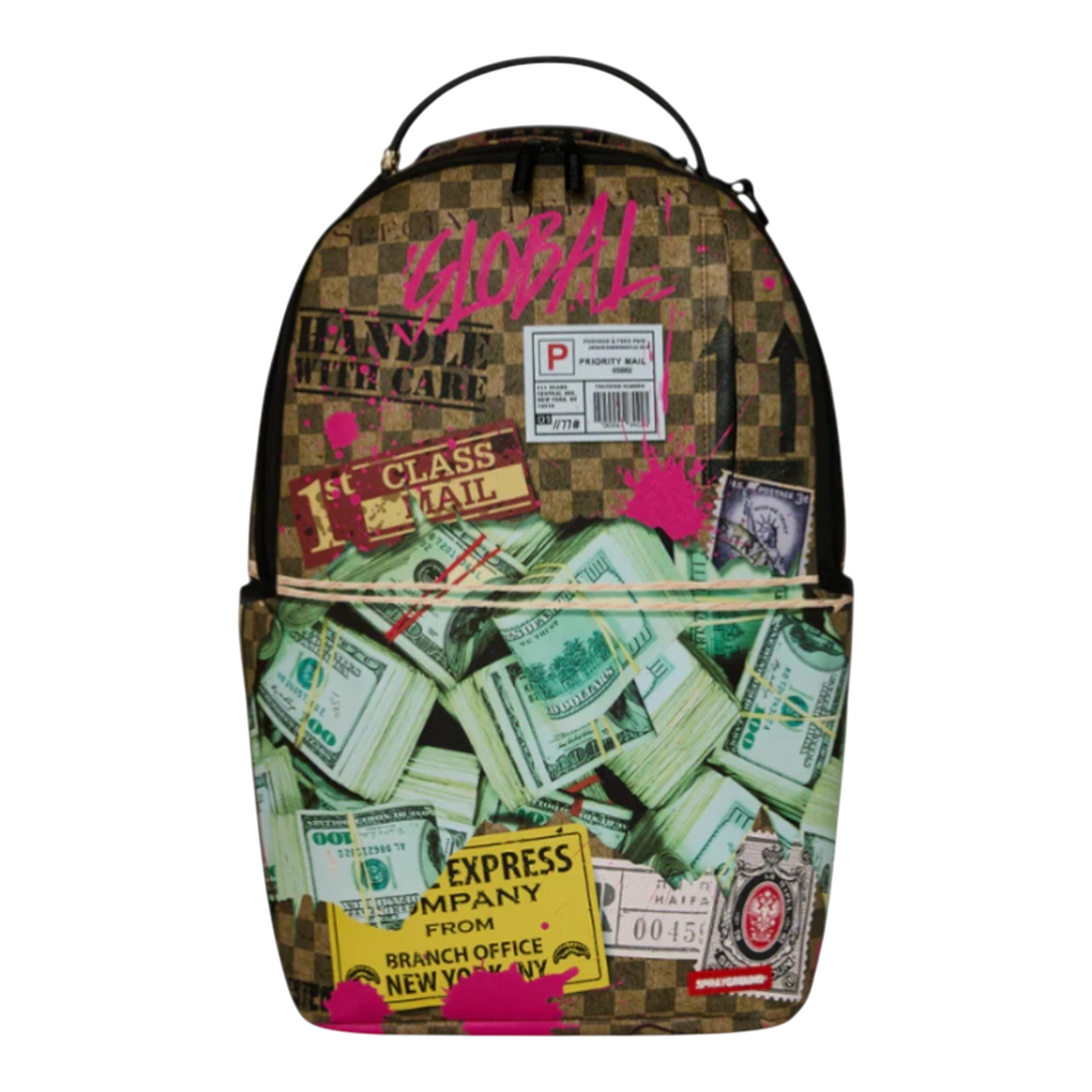 HypeSelection Torn Packaging RMX Backpack in multicolor, featuring a graphic print of money stacks and shipping labels with pink paint splatters.