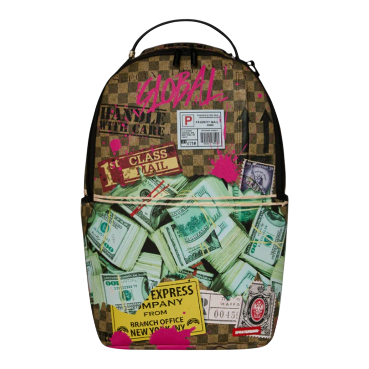 HypeSelection Torn Packaging RMX Backpack in multicolor, featuring a graphic print of money stacks and shipping labels with pink paint splatters.