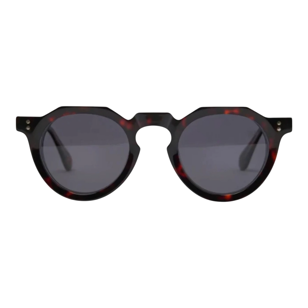 HypeSelection Ryoko ClassicCharm sunglasses with tortoise acetate frame and grey lenses. Round vintage-inspired silhouette.