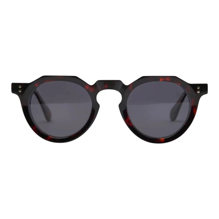 HypeSelection Ryoko ClassicCharm sunglasses with tortoise acetate frame and grey lenses. Round vintage-inspired silhouette.