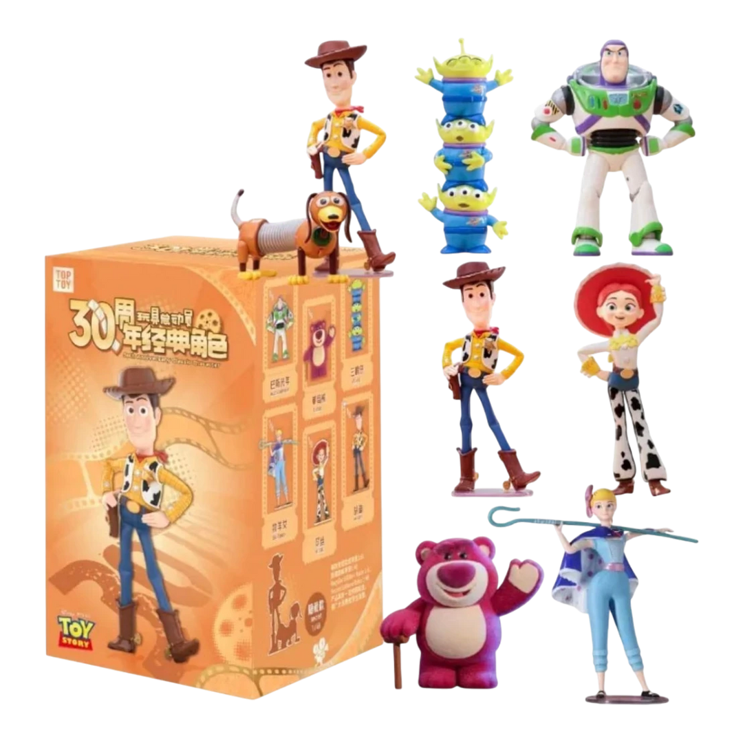 HypeSelection Toy Story 30th Anniversary blind box figures including Woody, Buzz Lightyear, Jessie, Lotso, Bo Peep, Slinky Dog, and Aliens. PVC/ABS.