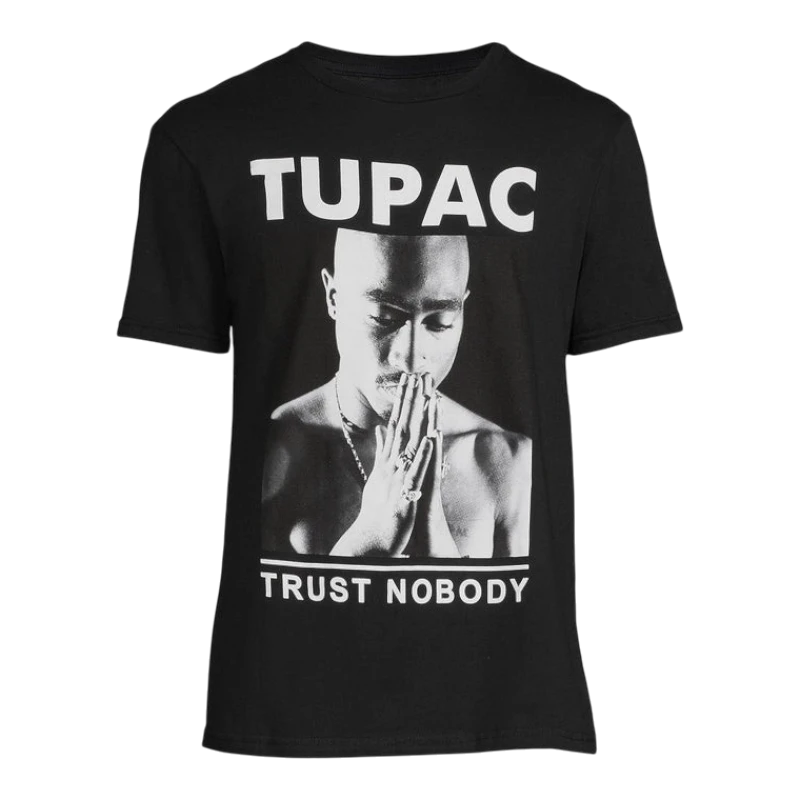HypeSelection black cotton t-shirt with a graphic of Tupac Shakur praying, text reads "TUPAC TRUST NOBODY".