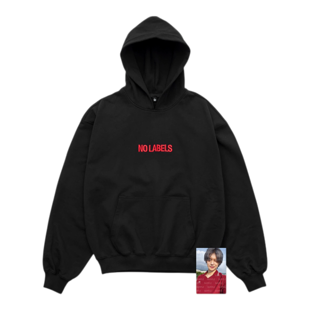 HypeSelection black Tomorrow X Together Yeonjun No Labels Part 01 hoodie with red text and a small portrait photo