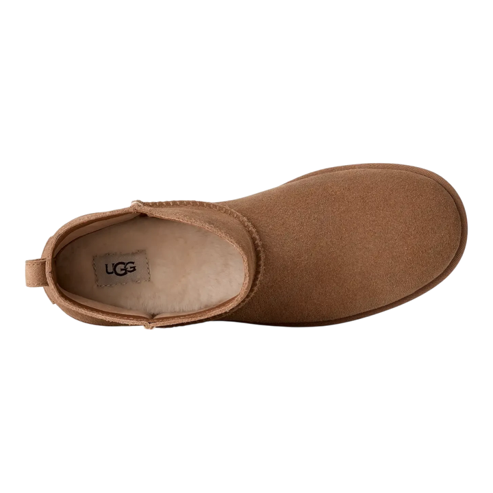 HypeSelection UGG Classic Mini Deconstructed boot in chestnut suede with a soft wool-blend lining, top-down view.